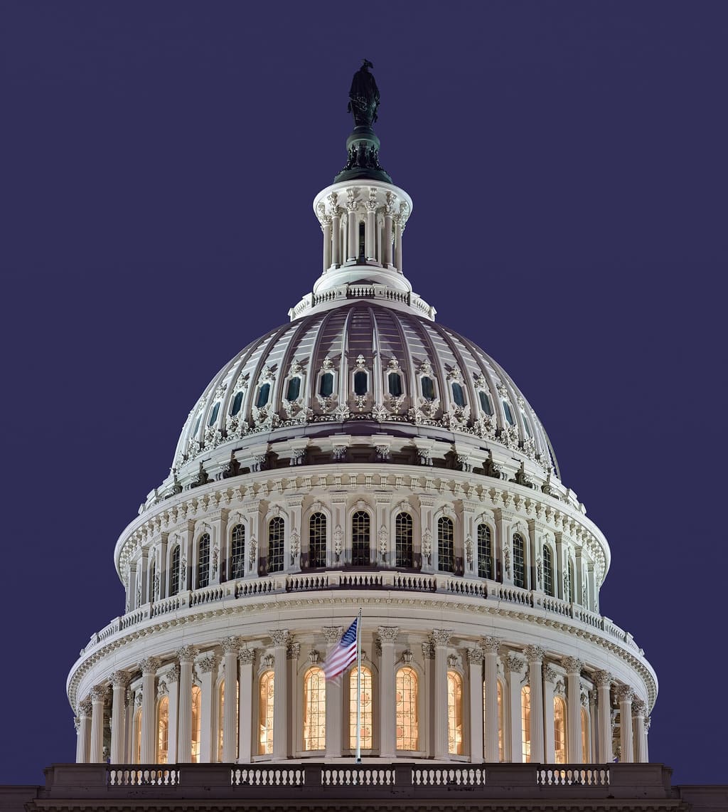 The dome of the United States Capitol at dusk